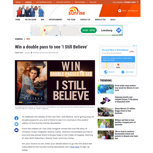Win 1 of 10 double passes to see I Still Believe!