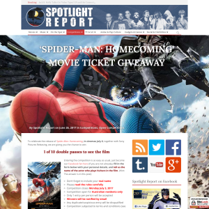 Win 1 of 10 double passes to Spider-Man: Homecoming 