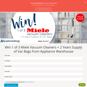 Win 1 of 3 Miele Vacuum Cleaners + 2 Years Supply of Vac Bags from Appliance Warehouse