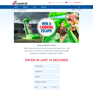 Win 1 of 4 Trips for 4 People on a Carnival Spirit 8 Day Pacific Island Cruise to New Caledonia & Vanuatu Departing Sydney, NSW