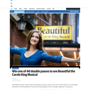 Win 1 of 40 double passes to Beautiful the Carole King Musical + CD