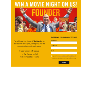 Win 1 of 5 copies of 'The Founder' on DVD + a $50 Dominos e-voucher!