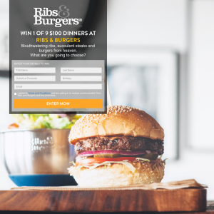 Win 1 of 9 $100 dinners at 'Ribs & Burgers'! 