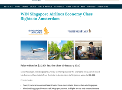 Win 2 Return Economy Class Tickets Australia to Amsterdam Valued at $2,280.00 Flying Singapore Airlines