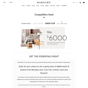 Win $6000 worth of product from Barnaby Lane, Coco Flip, Cultiver Linen and Plyroom
