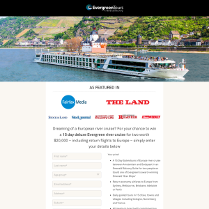 Win a 15 day deluxe Evergreen river cruise for 2 worth $20,000!