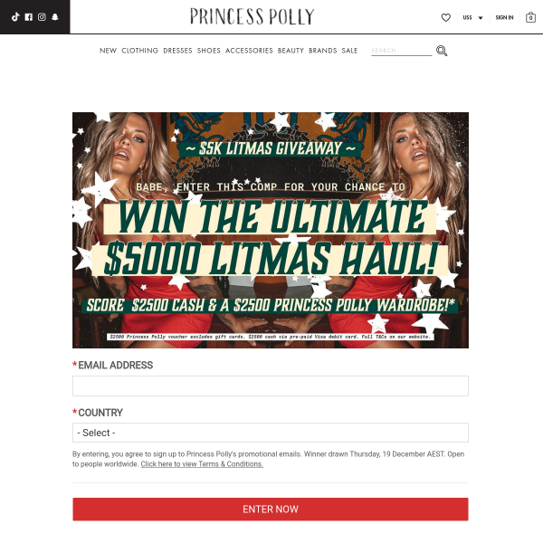 Win a $2,500 VISA Gift Card & $2,500 Princess Polly Gift Card