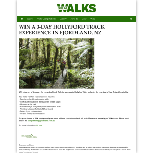 Win a 3-day Hollyford Track Experience in Fjorland, NZ