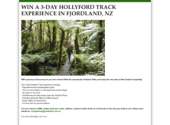 Win a 3-day Hollyford Track Experience in Fjorland, NZ