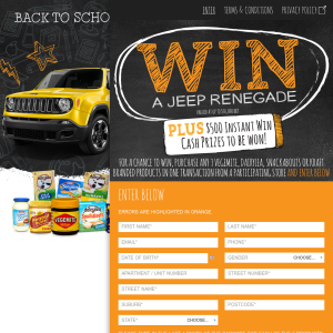 Win a JEEP Renegade + $500 instant win cash prizes to be won!