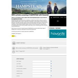 Win a Private Screening of Hampstead for 20 Friends or 1 of 20 Double Passes 