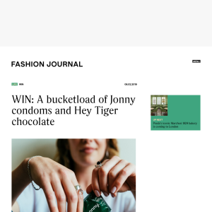 Win a Prize Pack Containing a Six-Month Subscription of Jonny Condoms + 18 Hey Tiger Chocolate Bars