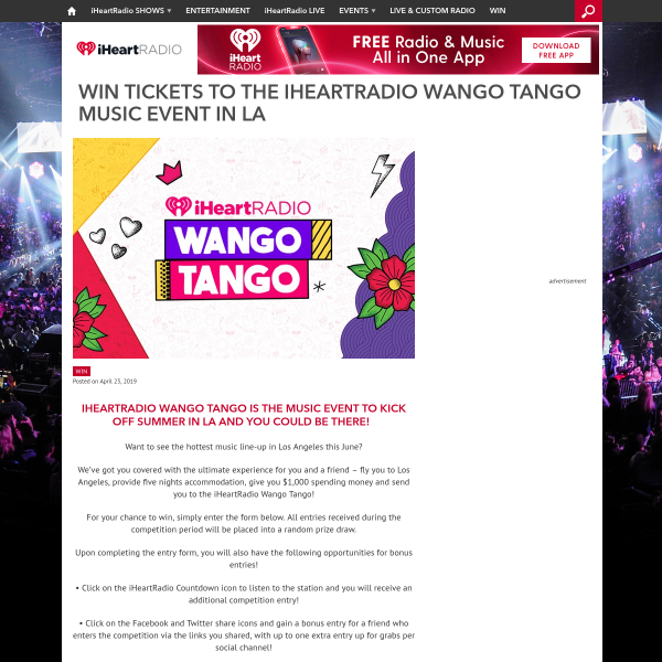 Win a trip for 2 to the 2019 Wango Tango Event in LA!