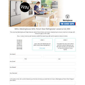 Win a Westinghouse 605L French Door Refrigerator