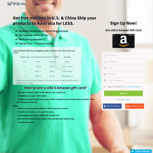 Free  $5 Amazon Gift card when you register with  Ship2au. Hurry up  only 500 vouchers left