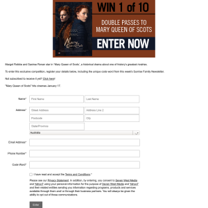 Win 1 of 10 double pass to Mary Queen of Scots