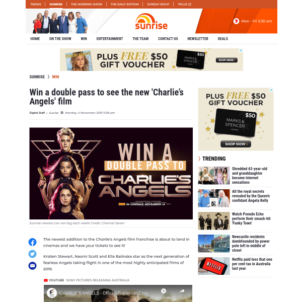 Win 1 of 10 Double Passes to Charlie’s Angels