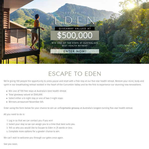 Win 1 of 100 Free Stays at Eden Health Retreat