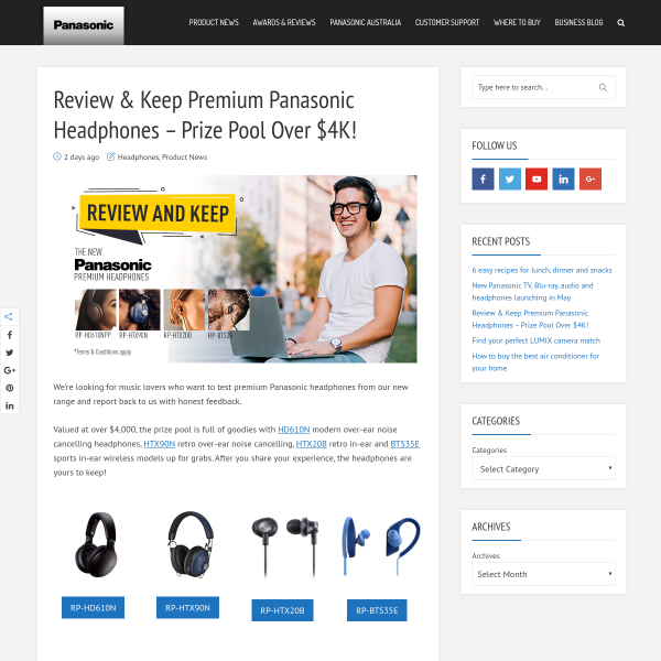 Win 1 of 16 Chances to Review and Keep a Pair of Panasonic Wireless Headphones