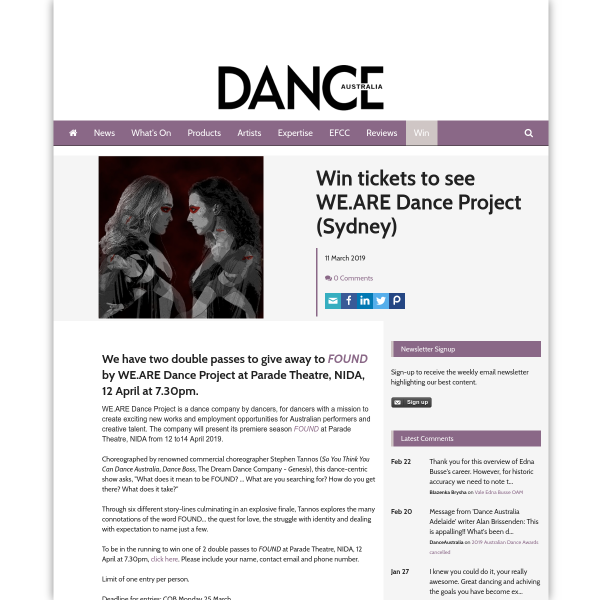 Win 1 of 2 DPs to FOUND by WE.ARE Dance Project at Parade Theatre