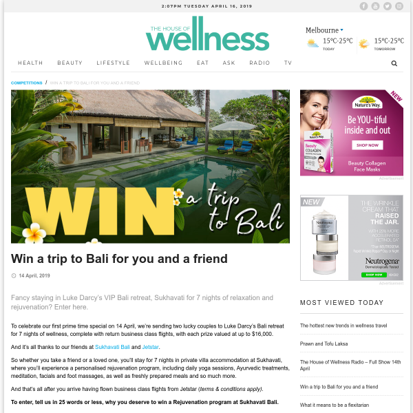 Win 1 of 2 Tropical Bali Escapes
