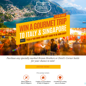 Win 1 of 3 gourmet trips to Italy & Singapore + $100 'Good Food' gift cards to be won daily! (Purchase Required)