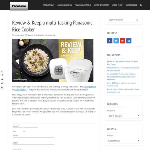 Win 1 of 4 Chances to Review & Keep a Panasonic Rice Cooker