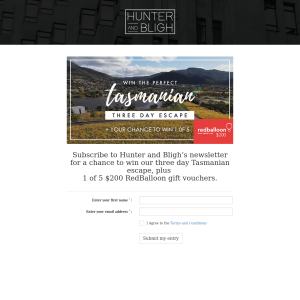 Win 1 of 5 $200 RedBalloon gift vouchers plus entry into our Three Day Tasmanian Escape - Hunter and Bligh