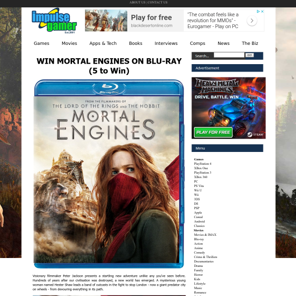 Win 1 of 5 copies Mortal engines on Blu-Ray