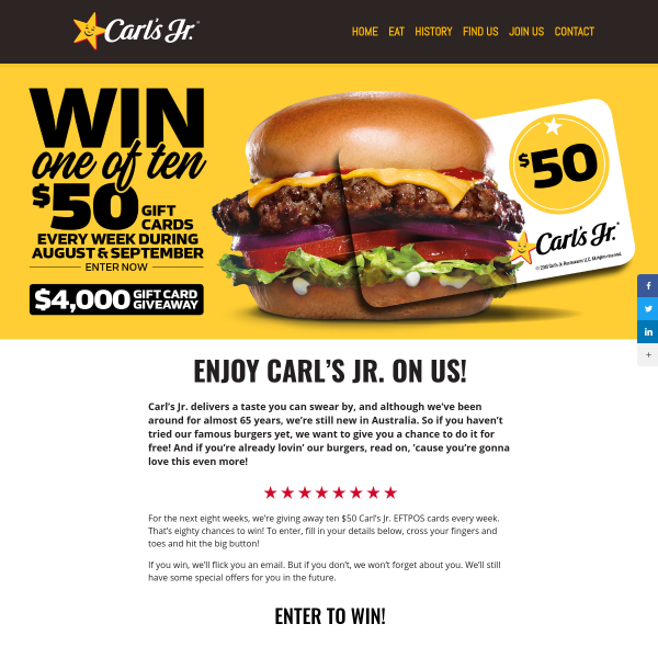 Win 1 of 80 $50 Carl’s Jr EFTPOS Cards