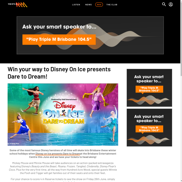 Win 4 Tickets to 'Disney on Ice Presents Dare to Dream' on 26/6 in Brisbane