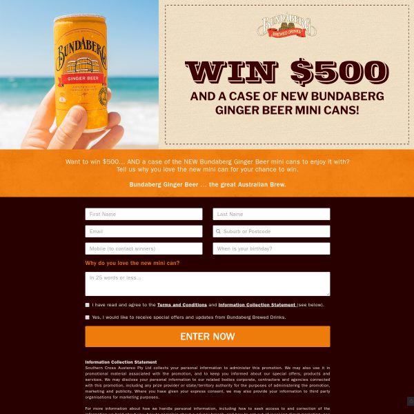 Win $500 and a Case of the New Bundaberg Ginger Beer Mini Cans