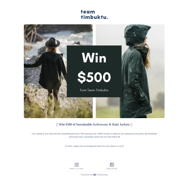 Win $500 of Sustainable Activewear & Rain Jackets!