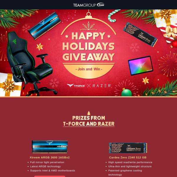 Win a $1,000 Gift CardWin a Razer Iskur Gaming Chair or 1 of 3 TeamGroup Memory/SSD Prizes