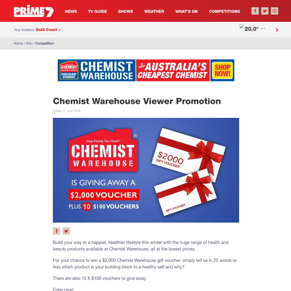 Win a $2,000 or 1 of 10 $100 Chemist Warehouse Gift Vouchers