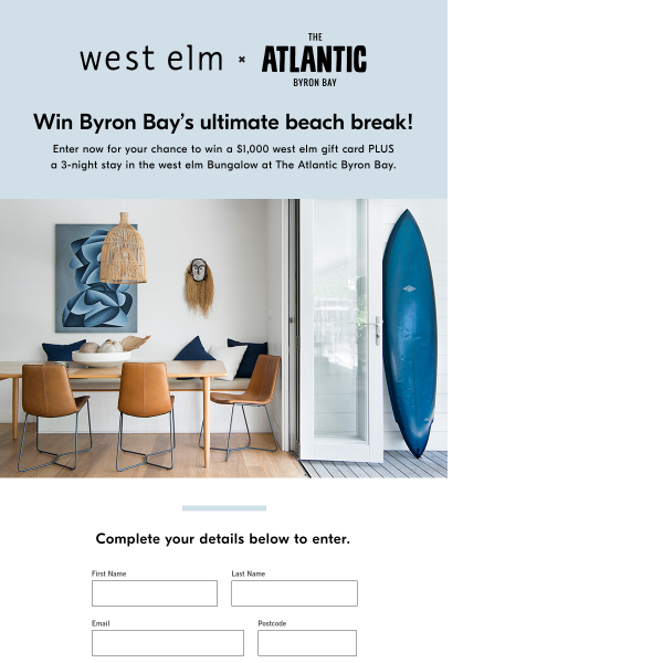 Win a 3 Night Stay at The Atlantic Byron Bay + $1,000 West Elm Gift Card