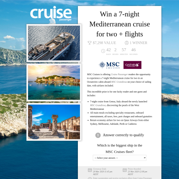 Win a 7-night Mediterranean cruise for two + flights