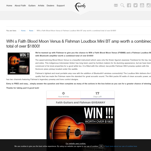 Win a Faith Blood Moon Venus Guitar & Fishman Loudbox Mini Bluetooth Amplifier Worth Over $2,600