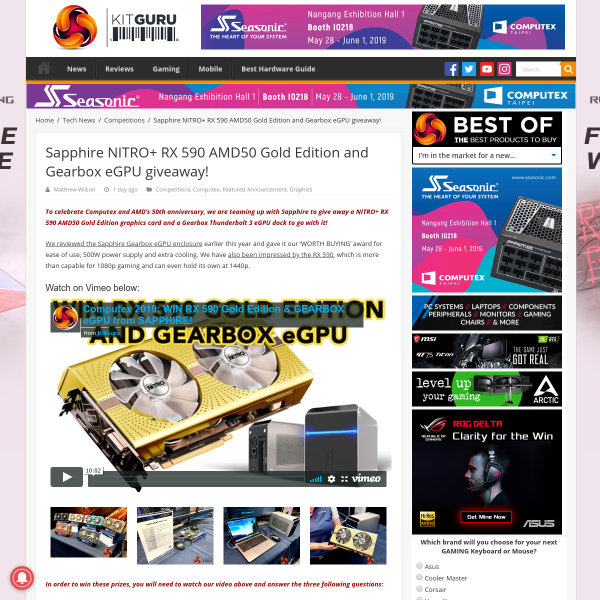 Win a Sapphire NITRO+ RX 590 AMD50 Gold Edition GPU & Gearbox Thunderbolt 3 eGPU Dock Worth Over $900
