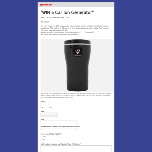 Win a SHARP Car Ion Generator!