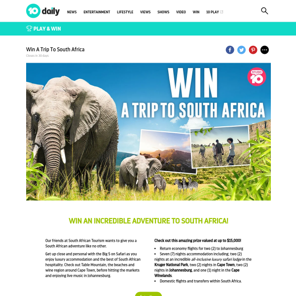 Ten Network - Win a South Africa Adventure for 2 - Competitions.com.au