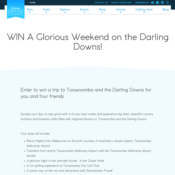 Win a trip from Melbourne to Toowoomba for 5 people