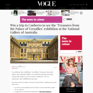 Win a trip to Canberra to see the 'Treasures from the Palace of Versailles' exhibition at the National Gallery of Australia!