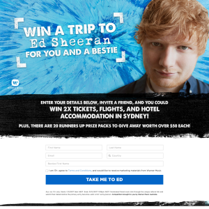Win a Trip to Ed Sheeran Live in Sydney for 2 or 1 of 20 Prize Packs