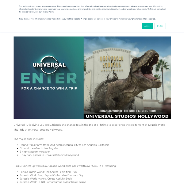 Win a Trip to Universal Studios for 4 Worth $11,714 or 1 of 5 Jurassic World Packs