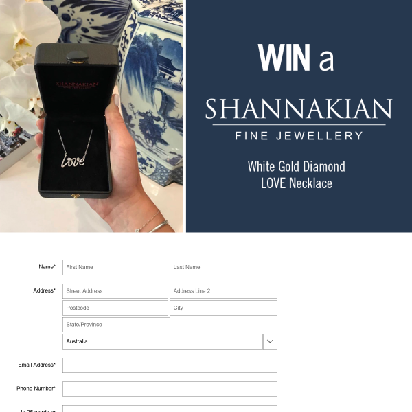 Win a White Gold Diamond LOVE Necklace from Shannakian Fine Jewellery
