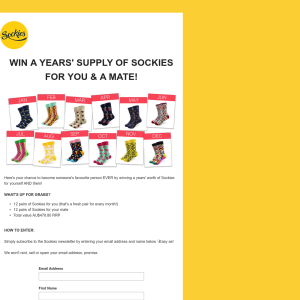 Win a Year's Supply of sockies for you & a mate