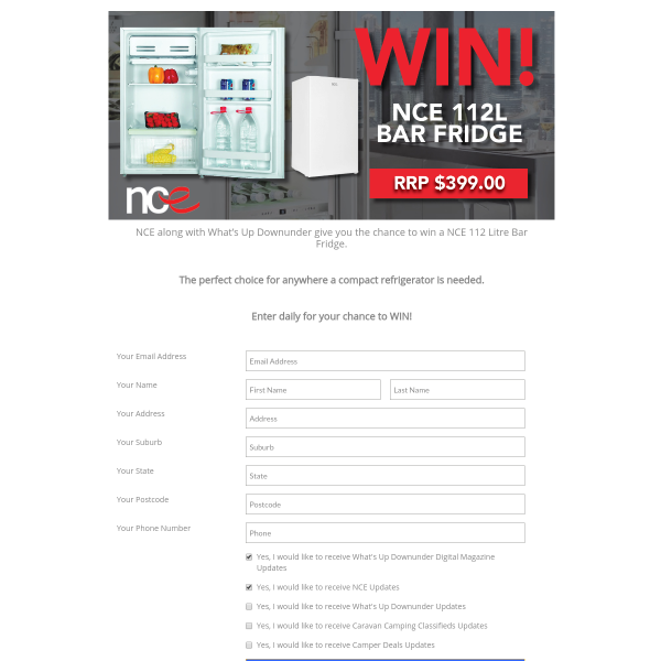Win an NCE 112L Bar Fridge Worth $399