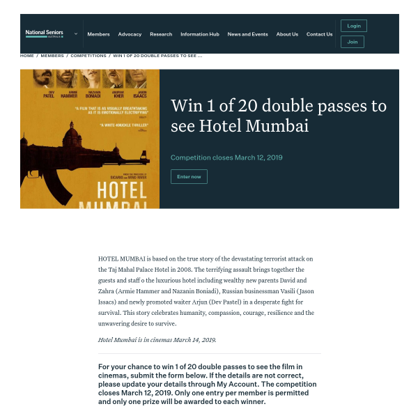 Win Double Movie Tix to Hotel Mumbai