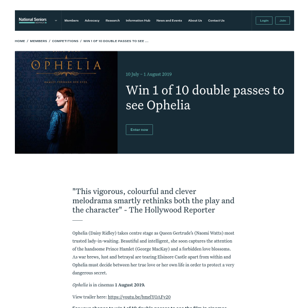 Win Double Movie Tix to Ophelia
